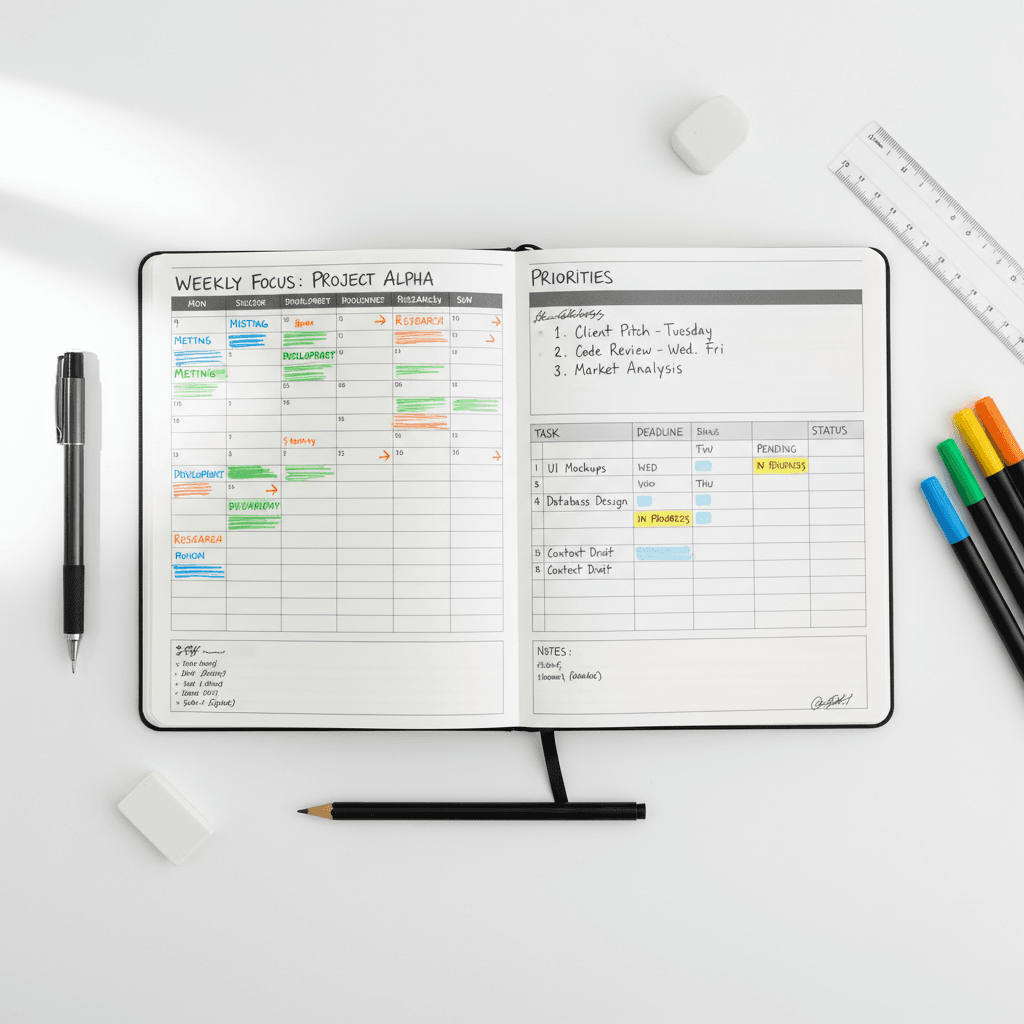 Overhead view of open planning notebook with handwritten scheduling grids and color-coded organizational notes