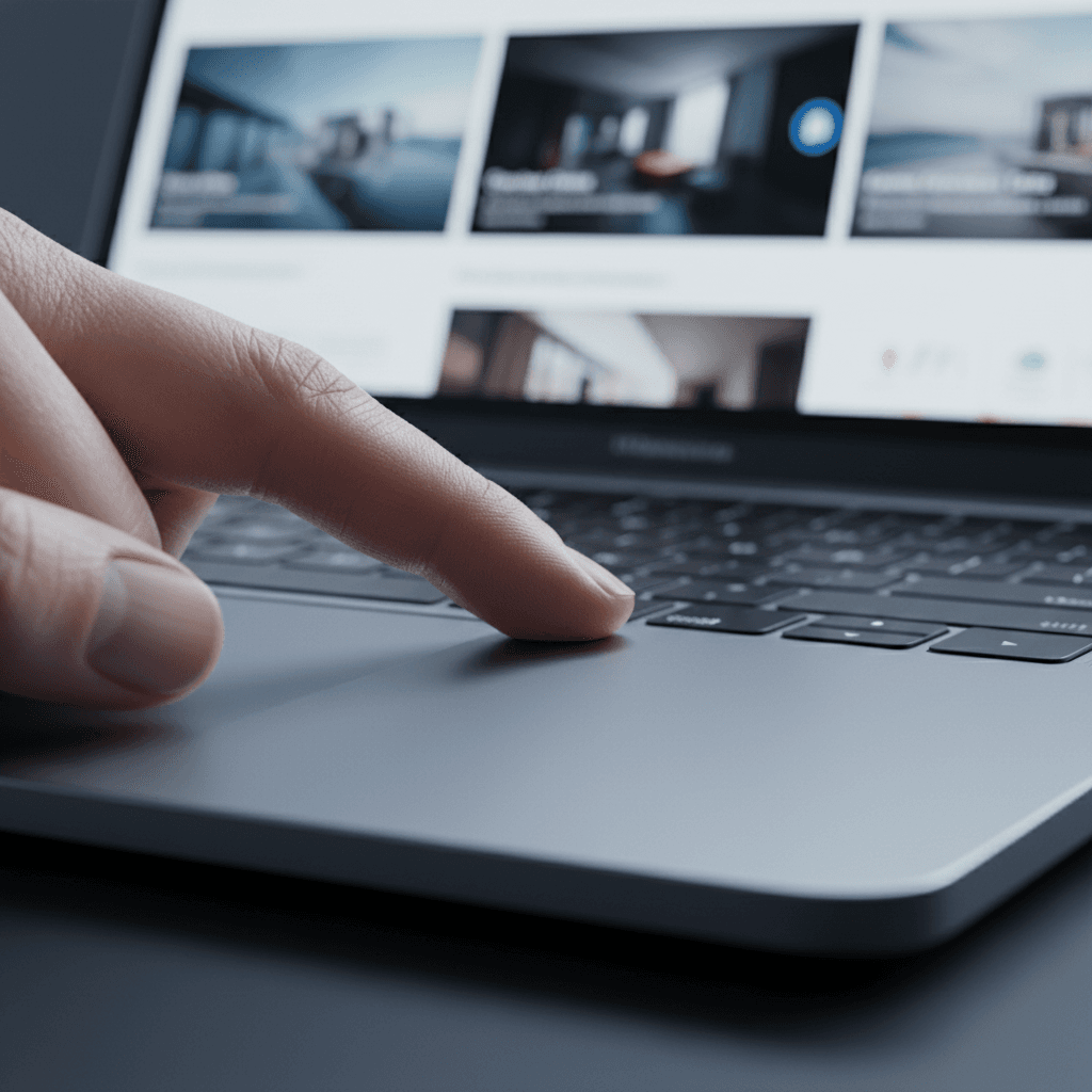 Close-up of laptop trackpad with fingers demonstrating smooth scroll gesture on luxury property website